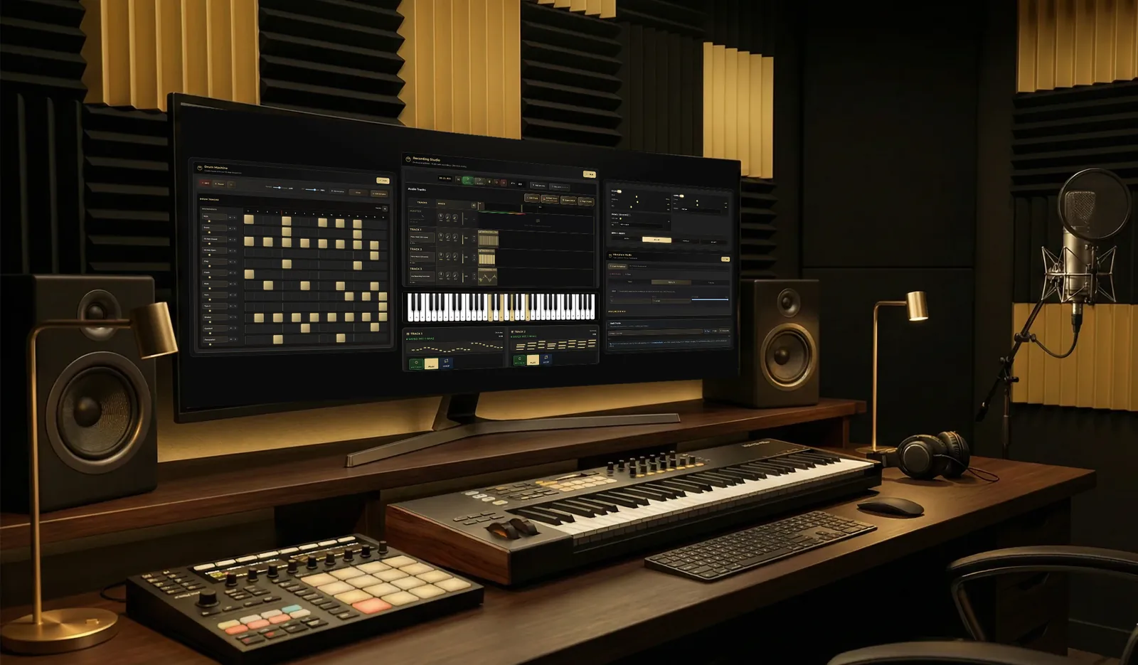 The PianoMode Virtual Studio on a studio screen: drum machine, recording studio with its tracks, piano, sequencer and effects