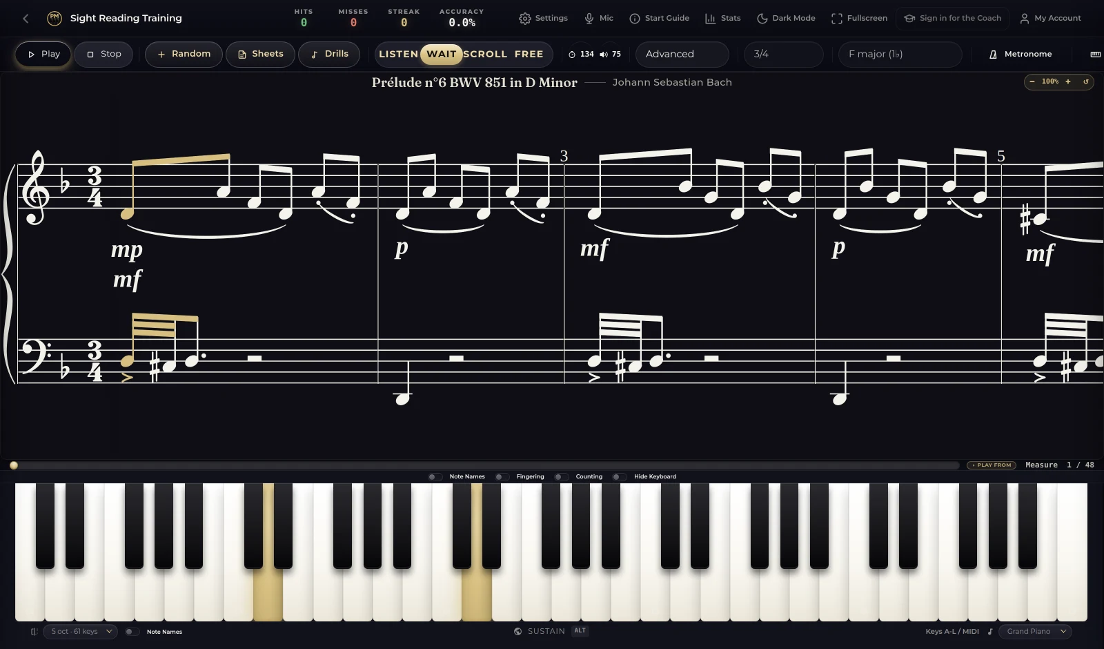A score open in the PianoMode sight-reading trainer, with the piano keyboard under the staff