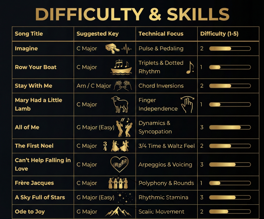 Tableau infographique noir et or 'DIFFICULTY & SKILLS' pour 10 chansons de piano, détaillant la tonalité, la compétence technique avec des icônes, et le niveau de difficulté sur 5 avec des barres de progression." longdesc="Ce tableau infographique élégant, conçu en or sur un fond noir, présente une liste de 10 chansons de piano avec leurs niveaux de difficulté et les compétences techniques requises. Il est organisé en quatre colonnes. La première colonne, 'Song Title' (Titre de la chanson), liste : 'Imagine', 'Row Your Boat', 'Stay With Me', 'Mary Had a Little Lamb', 'All of Me', 'The First Noel', 'Can't Help Falling in Love', 'Frère Jacques', 'A Sky Full of Stars', 'Ode to Joy'. La deuxième colonne, 'Suggested Key' (Tonalité suggérée), indique la tonalité pour chaque chanson (par exemple, 'C Major', 'Am / C Major', 'G Major (Easy)'). La troisième colonne, 'Technical Focus' (Compétence technique), décrit la technique principale avec une icône illustrative (par exemple, 'Pulse & Pedaling' avec une pédale et un battement de cœur pour Imagine, 'Triplets & Dotted Rhythm' avec un bateau et des notes pour Row Your Boat, 'Chord Inversions' avec des mains pour Stay With Me). La quatrième colonne, 'Difficulty (1-5)' (Difficulté 1-5), affiche le niveau de difficulté numérique accompagné d'une barre de progression visuelle dorée. Les niveaux varient de 1 à 3, avec des chansons comme 'Imagine' et 'The First Noel' à 2, 'Row Your Boat' et 'Mary Had a Little Lamb' à 1, et 'All of Me' et 'Can't Help Falling in Love' à 3