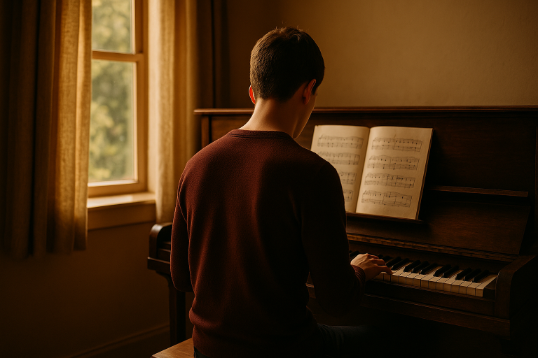 A pianist viewed from behind, playing an upright piano near a sunlit window in a warm, peaceful room.