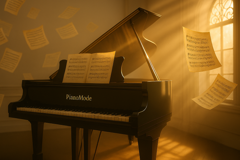 Grand piano in a golden sunlit room with floating vintage sheet music. Morning Sunbeam.
