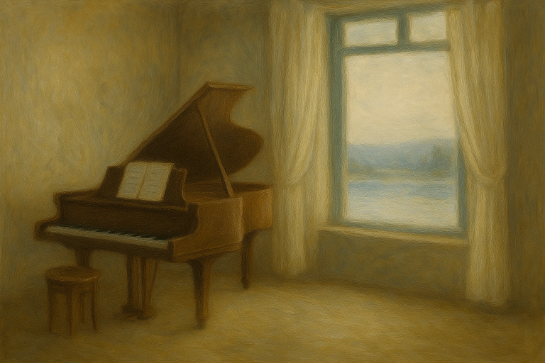 Impressionist-style painting of a grand piano near a sunlit window overlooking a calm landscape, evoking the atmosphere of Erik Satie’s Gymnopédies.