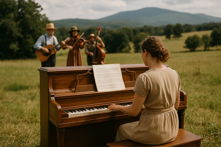 A woman plays an upright piano in a grassy field, joined by American folk musicians in the background, with Appalachian hills in the distance.