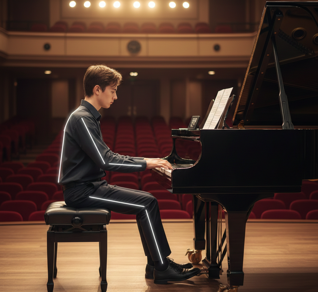 Side view of a pianist sitting at a grand piano with white annotation lines highlighting proper posture: a straight back, 90-degree elbow angle, correct bench height, and feet positioned near the pedals.