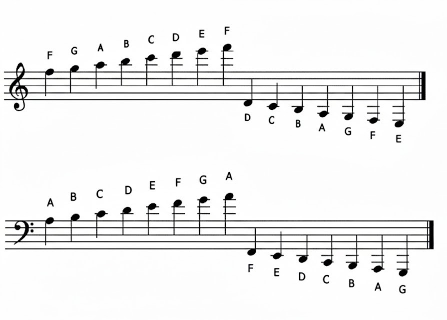 Image showing notes on ledger lines above and below the staff