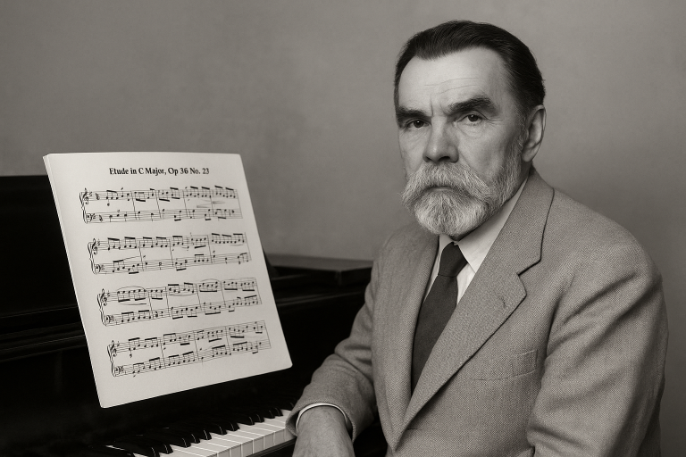 Alexander Goedicke sitting at a piano with the sheet music