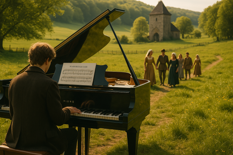 A pianist playing Scarborough Fair on a grand piano in the English countryside, with villagers in medieval clothes walking nearby.