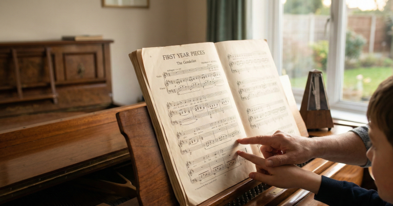 A close-up, high-definition photograph of Thomas F. Dunhill's "First Year Pieces" sheet music resting on a vintage wooden piano stand. A teacher’s hand points to the notes while a young student observes, captured in a premium cinematic lighting style with a palette of gold, deep black, and white