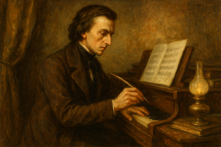 Oil painting of Frédéric Chopin at the piano, writing piano pieces by candlelight in a Parisian salon, Romantic 19th century style
