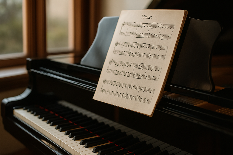 Photo of a grand piano with Baroque sheet music open on the stand, bathed in natural window light