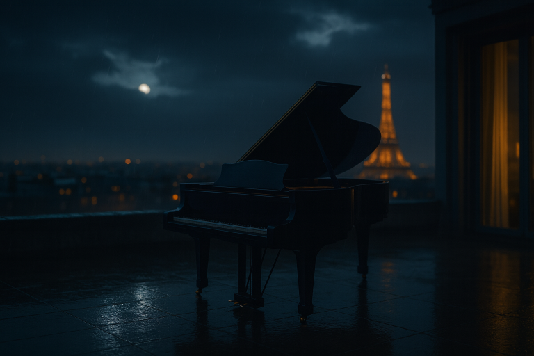 Grand piano on a rainy Paris rooftop with the Eiffel Tower glowing at night, cinematic moonlit atmosphere