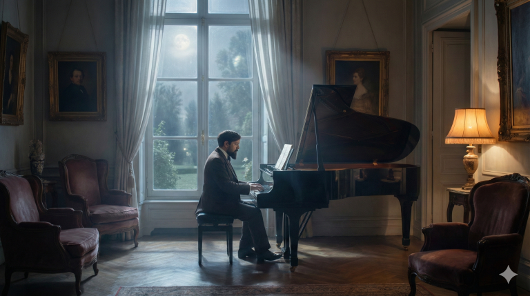 Claude Debussy composing at a grand piano in a dimly lit Parisian salon, moonlit atmosphere, cinematic lighting in gold and black, representing the Suite Bergamasque style.