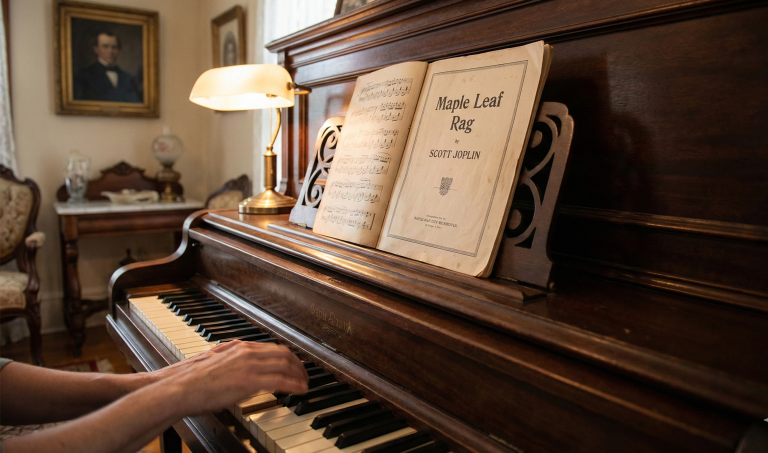 A close-up photograph of hands playing a vintage upright piano. Open on the music stand under a warm lamp is an aged edition of the sheet music for Scott Joplin's "Maple Leaf Rag,"