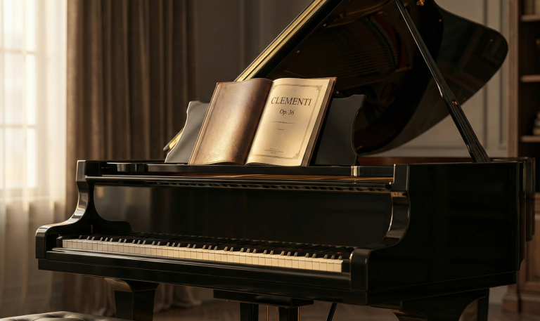 Muzio Clementi's Six Progressive Sonatinas Op. 36 on a Grand Piano stand in a warm room