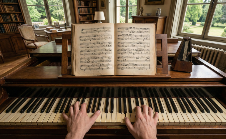 Overhead view of a pianist's hands in a fixed position playing Konrad Max Kunz Op14 canons on an antique piano.
