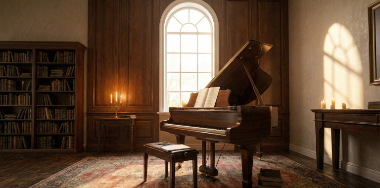 A grand piano situated in a warm, candlelit library with sunlight streaming through the window. Open sheet music for Ode to Joy arrangement sits on the stand