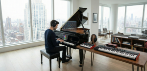 An augmented pianist using Sennheiser HD 600 headphones and an AKAI MIDI controller for advanced ear training and harmonic intuition.