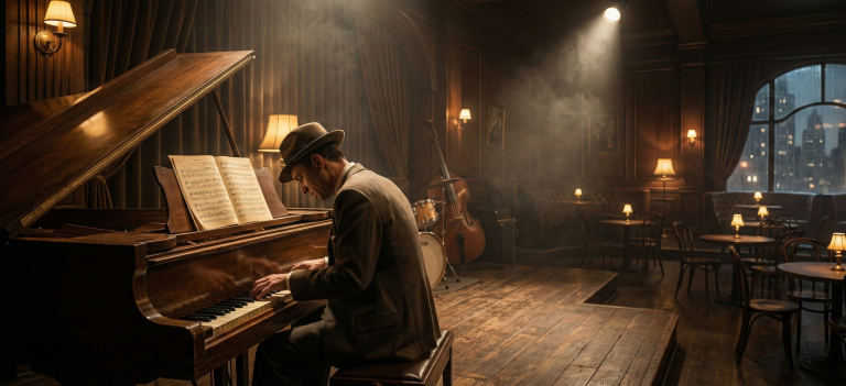 Wide shot of a pianist wearing a 1930s fedora, playing a grand piano in a moody, atmospheric vintage jazz club to illustrate the Body and Soul jazz standard masterclass.
