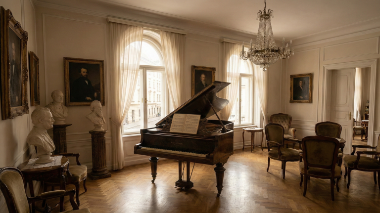 Grand piano in a 19th-century Viennese music salon with sheet music for Brahms Waltz Op. 39 No. 15