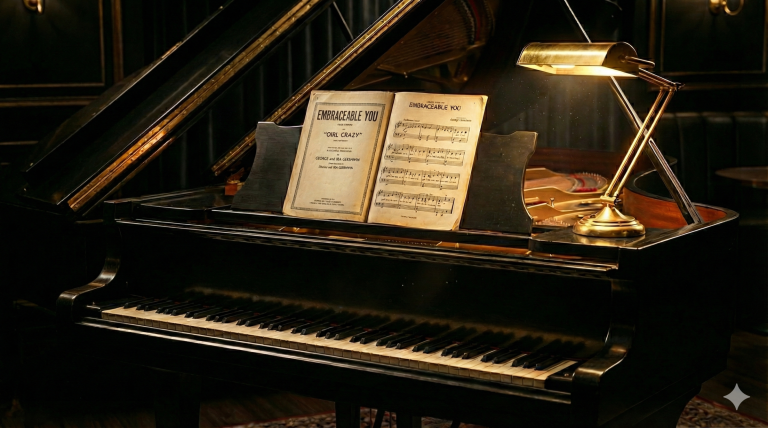 A premium cinematic close-up of the vintage 1930 sheet music for "Embraceable You" by George and Ira Gershwin, resting on a black grand piano under a warm gold lamp.
