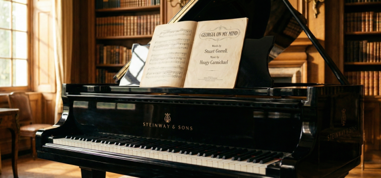A black Steinway & Sons grand piano in a vintage library. On the music stand sits the original 1930 sheet music for "Georgia on My Mind" by Hoagy Carmichael and Stuart Gorrell, illuminated by warm cinematic lighting in a palette of gold and black.