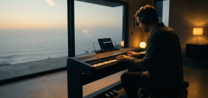 A professional pianist performing modern cinematic improvisation on a high-end digital piano in a luxury home studio overlooking the ocean at sunset.