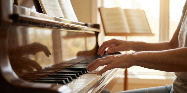 Close-up photograph of an adult beginner's hands with visible stiffness, practicing on a warm-toned wooden upright piano in soft sunlight, with sheet music on a stand in the blurred background.