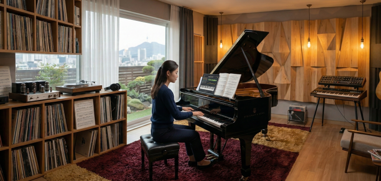 A female pianist practicing on a black grand piano in a modern home studio with acoustic wood diffusers, vinyl records, and a view of the Seoul skyline through a large window.