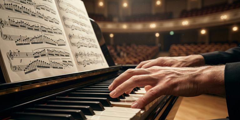 A close-up photograph capturing the hands of a pianist, pressing the white and black keys of a black grand concert piano. An open sheet of musical notation is on the piano rack. The background is a empty concert hall auditorium with warm, ambient lighting.