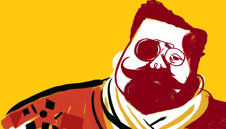 A stylized graphic portrait of Albeniz with a large black handlebar mustache, a full beard, and round wire-frame glasses. He wears a yellow and red patterned jacket with distinct black gear and cog motifs on his right shoulder and a red scarf. The background is a solid, textured deep red wall.