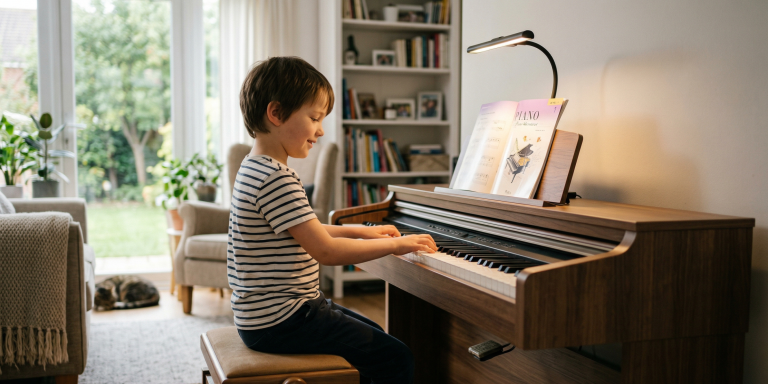 A young boy sitting on a wooden bench playing a modern digital piano with weighted keys in a cozy, sunlit living room, illustrating a parent's guide to choosing a piano.