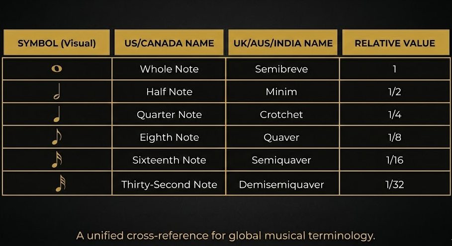 A gold and black comparison table titled 'A unified cross-reference for global musical terminology.' Columns display musical 'SYMBOL (Visual)', 'US/CANADA NAME', 'UK/AUS/INDIA NAME', and 'RELATIVE VALUE'. Rows cross-reference data from the Whole Note/Semibreve (Value 1) down to the Thirty-Second Note/Demisemiquaver (Value 1/32).