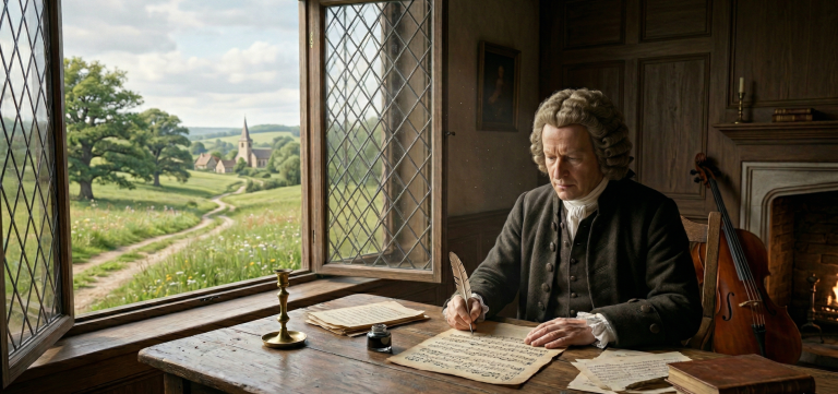 An 18th-century oil painting portrait of a Baroque composer in a powdered wig, seated at a wooden desk writing a music score with a quill. An open window reveals a pastoral landscape, with a viola da gamba and fireplace in the room.