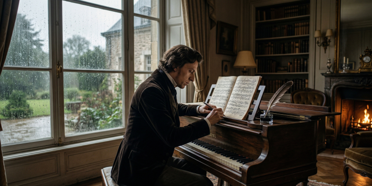 Ultra-realistic 8K photo of Frederic Chopin sitting at a vintage piano in his Nohant study, writing music with a quill on paper, with rain visible through the window.