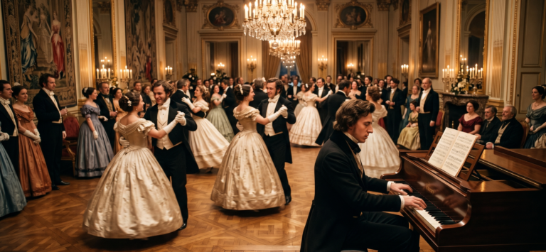 A realistic 19th-century ballroom scene featuring a classical pianist performing Frédéric Chopin's Waltz in A Minor, Op. 34 No. 2, for dancers in elegant period attire under golden chandeliers.
