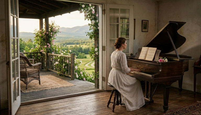 A woman in a 19th century fashion style, playing in a rustic US country house, looking out towards the New Hampshire hills with pink wild roses