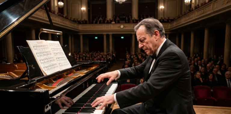 Professional male pianist performing Sergei Rachmaninoff's Prelude in G Minor, Op. 23 No. 5 on a concert grand piano in a grand hall, showcasing technical mastery for PianoMode.